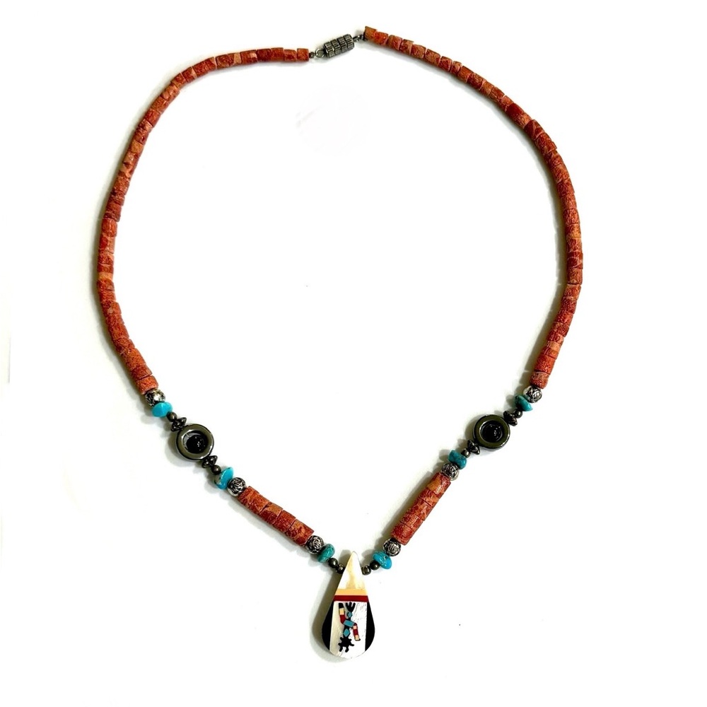 Vintage Santo Domingo Orange Sponge Coral Hematite Turquoise Sterling Necklace